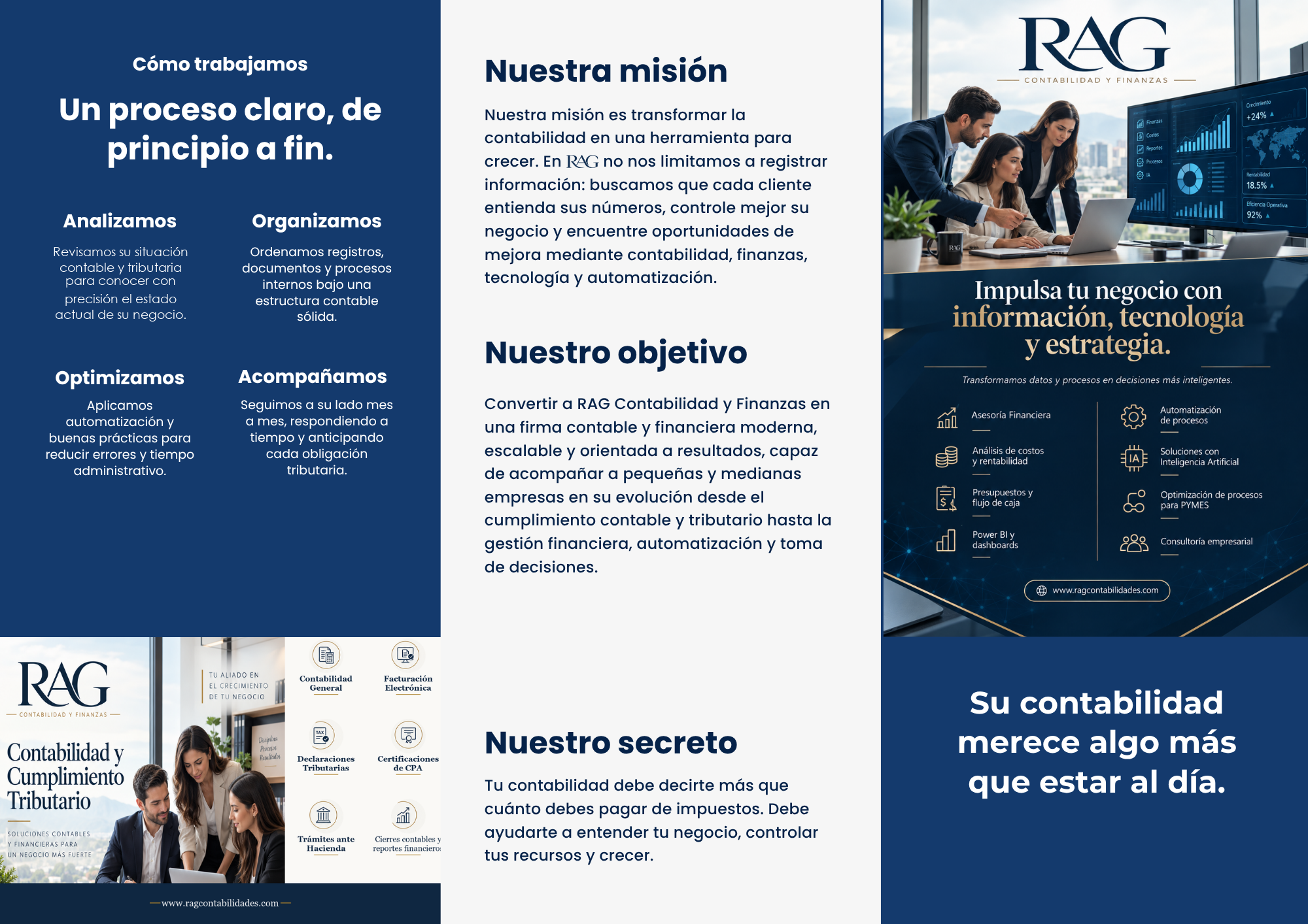 Cara interior del brochure RAG: proceso de trabajo, misión, objetivo y servicios