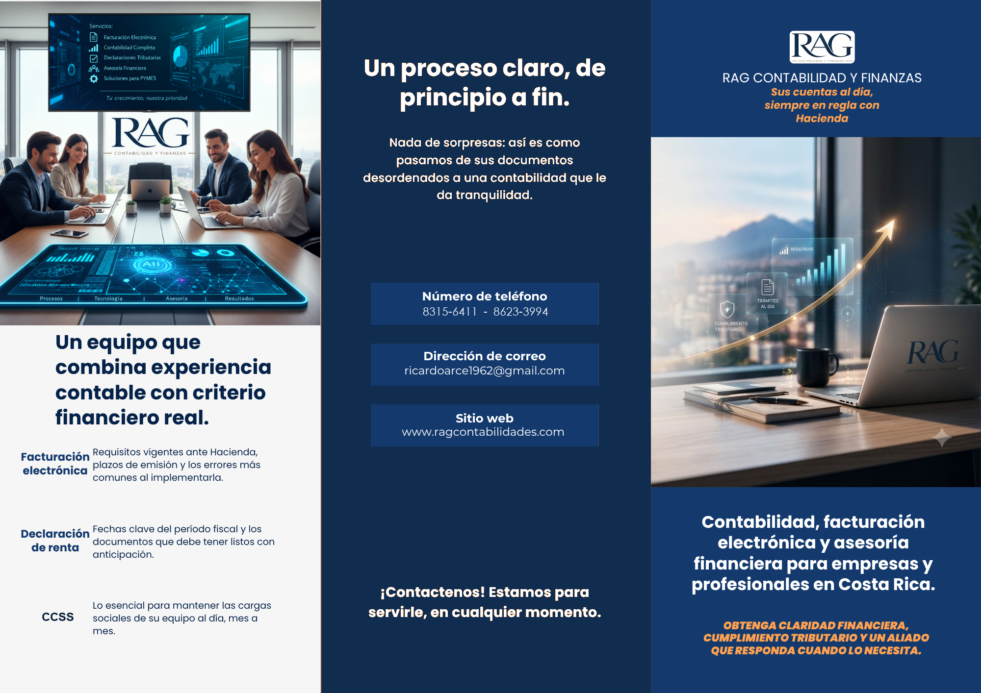 Cara exterior del brochure RAG: portada, servicios y contacto