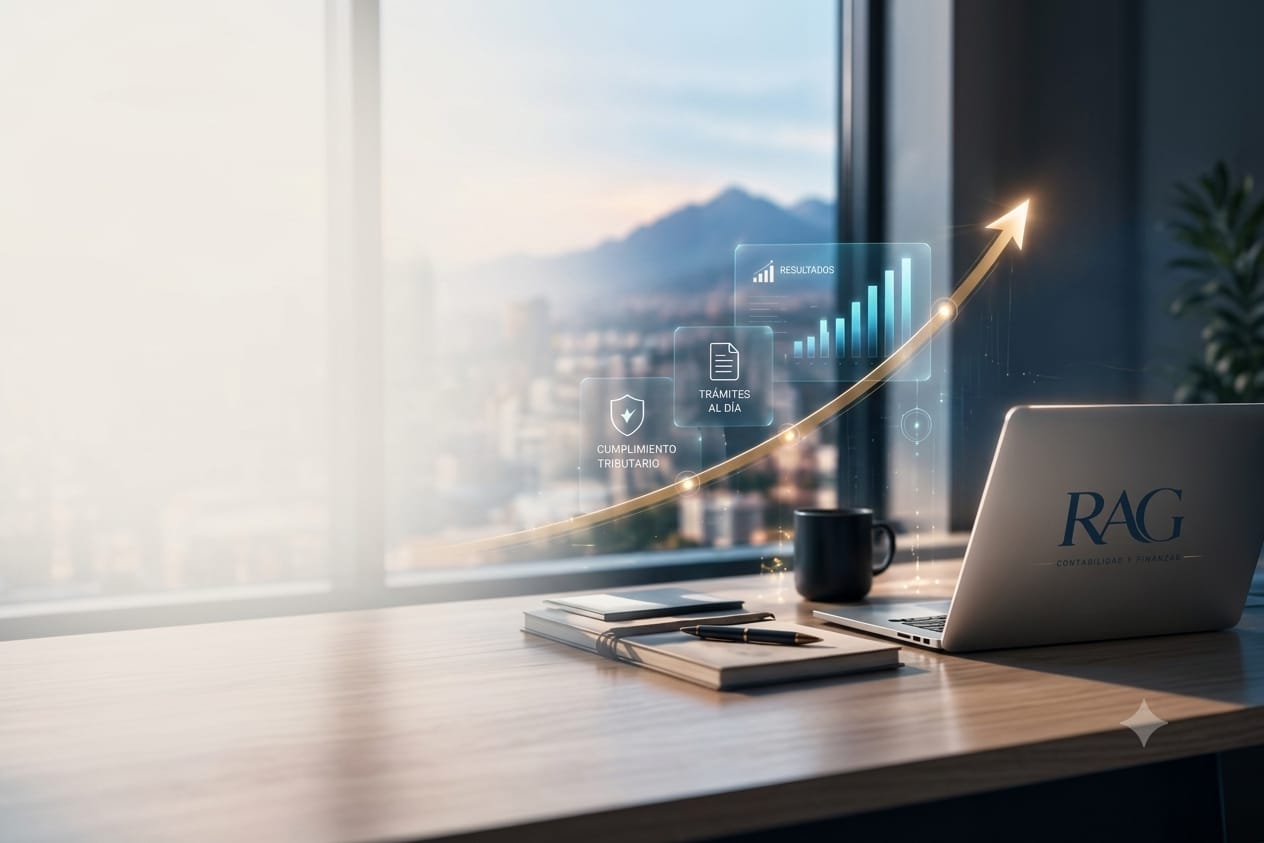 Escritorio con laptop RAG Contabilidad y Finanzas, vista de San José desde una oficina